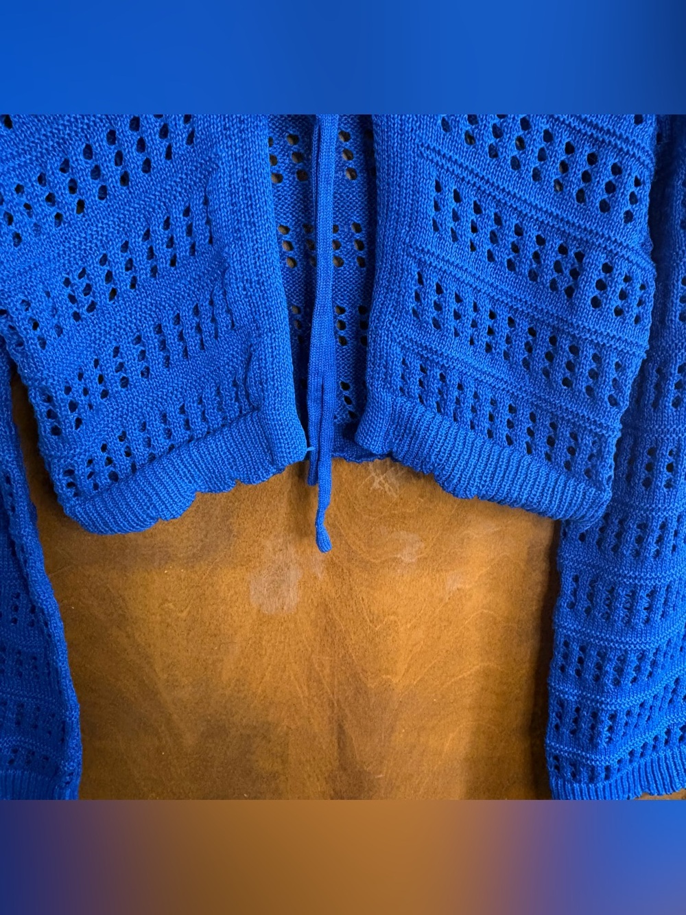 Blue Cropped Open Knit Crochet Tie Front Flyaway Cardigan Sweater Bell Sleeve - Picture 5 of 7